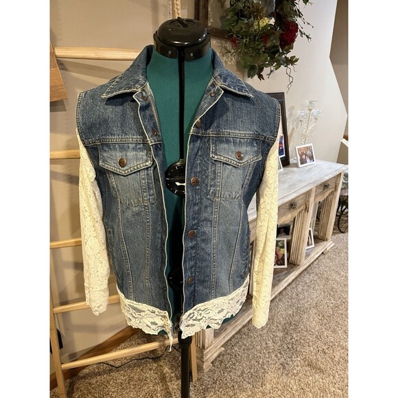 LOFT Jackets & Blazers - Upcycled Denim Jacket Lace Sleeves Handmade Boho Boutique Womens M